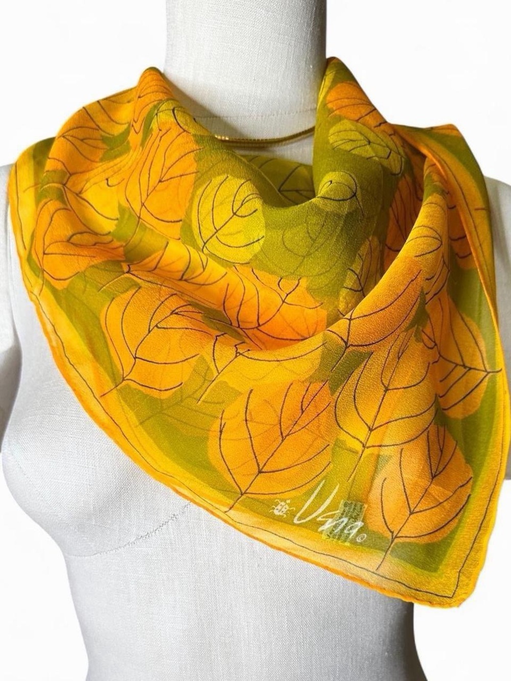 Vintage VERA NEUMANN Yellow & Green Autumn Leaf Silk Scarf